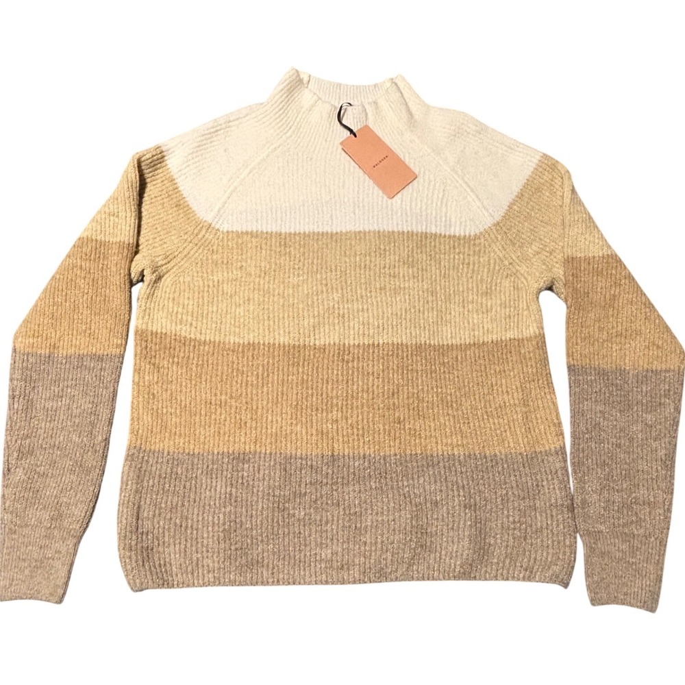 NWT Halogen Womens Colorblock Ribbed Mock Neck Sweater Tan Cream Neutral Small